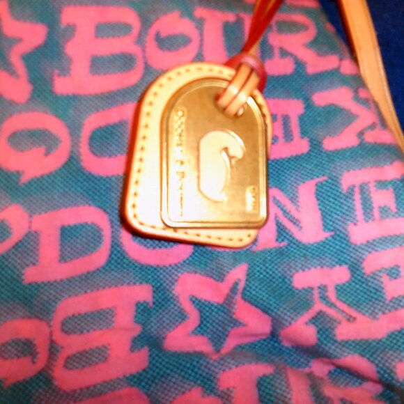 Dooney and Bourke Blue/Pink Graffiti Tote Leather Trim Boho Bright Pink Interior - Picture 2 of 4